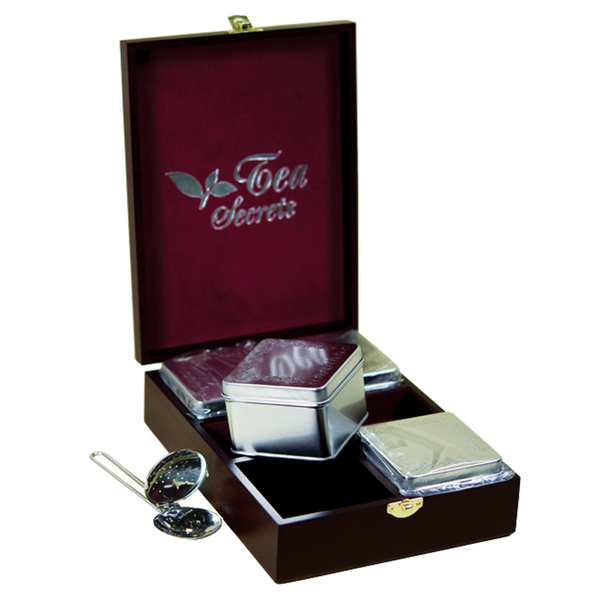"Чайні секрети" набір банок (4 шт. по 100 гр.) в скриньці з волоського горіху з ложкою для заварювання чаю